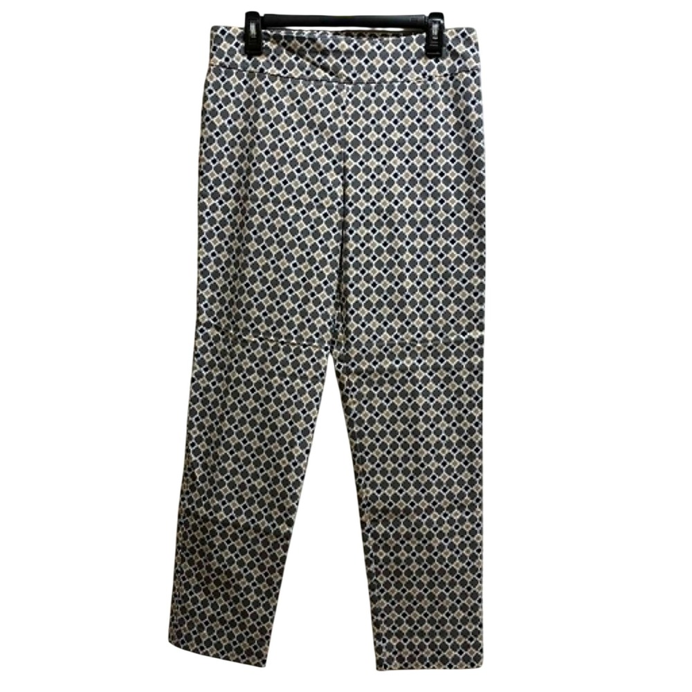 Krazy Larry Pull On Ankle Pants Womens 12 Gray Yellow Geometric Print Stretch